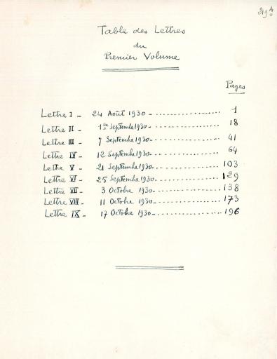 Vol. 1, "L'astronomie des apparences : préliminaires, région boréale" : 9 lettres (n° 1 à 9) du 24 août au 17 octobre 1930, pages 1-219, suivies de tables (numérisées).